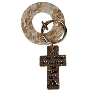 Goldtone Psalm 46:5 Cross Pendant Keychain Marbled Beige Acrylic Ring Religious